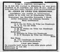 Overlijdensbericht J. (Johan) de Vries van Doesburgh (1951)